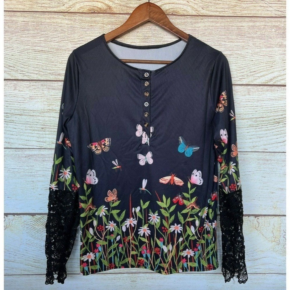Butterfly Shirt Womens Size Small Long Sleeve Lace End 1/2 Button Down Shirt New